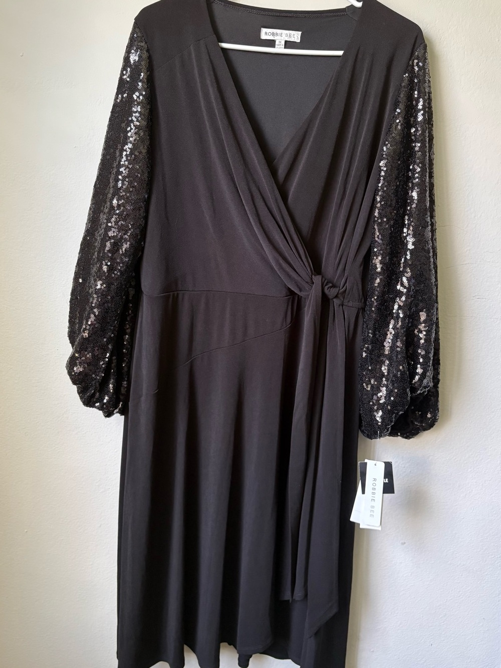 NWT Robbie Bee Black Sequin Sleeve Faux Wrap Dress 1X Party Cocktail $99